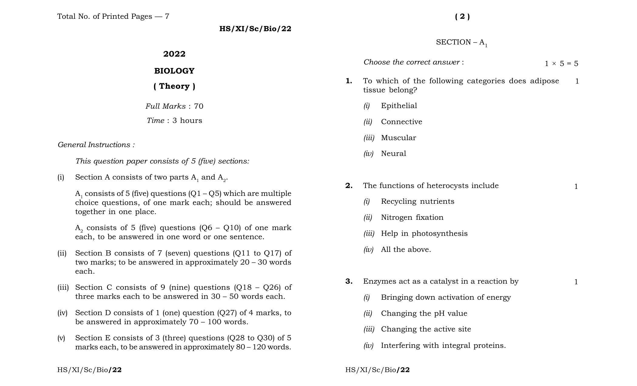 Meghalaya Board (MBOSE) Class 11 Biology (theory) 2022 Question Paper - Page 1