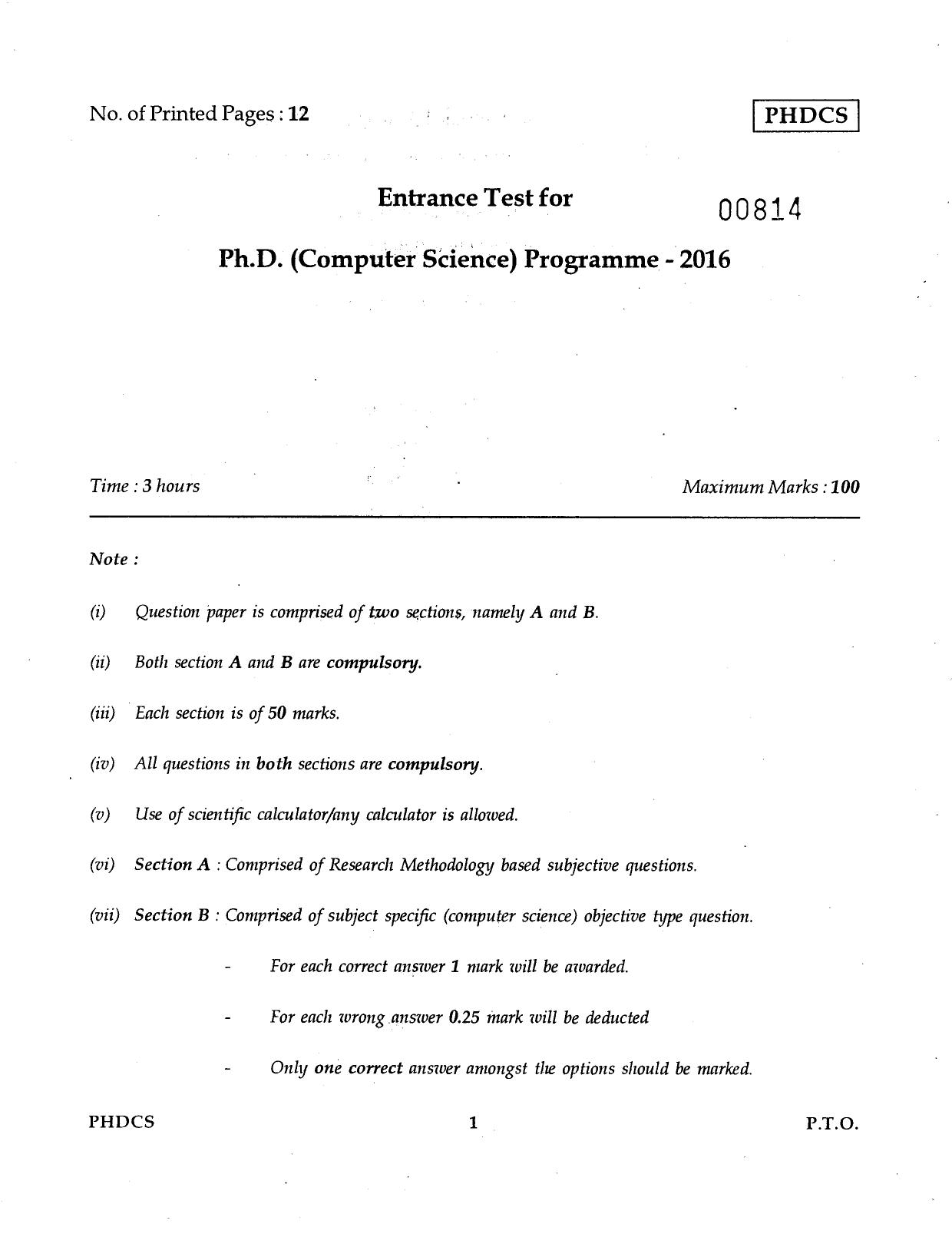 IGNOU PhD Entrance Test Ph.D. (Computer Science) 2016 Question Paper - Page 1