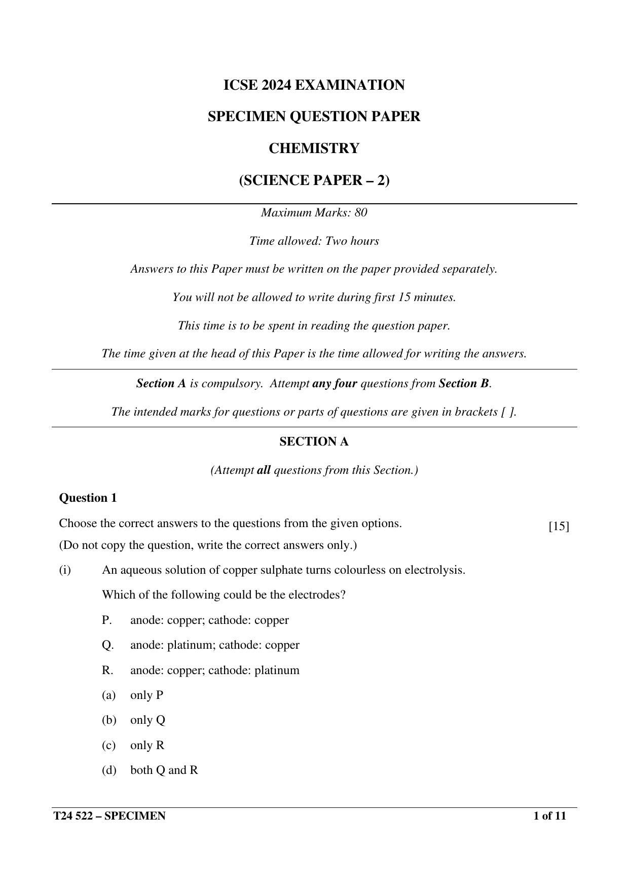ICSE Class 10 2024 Chemistry Sample Paper - Page 1