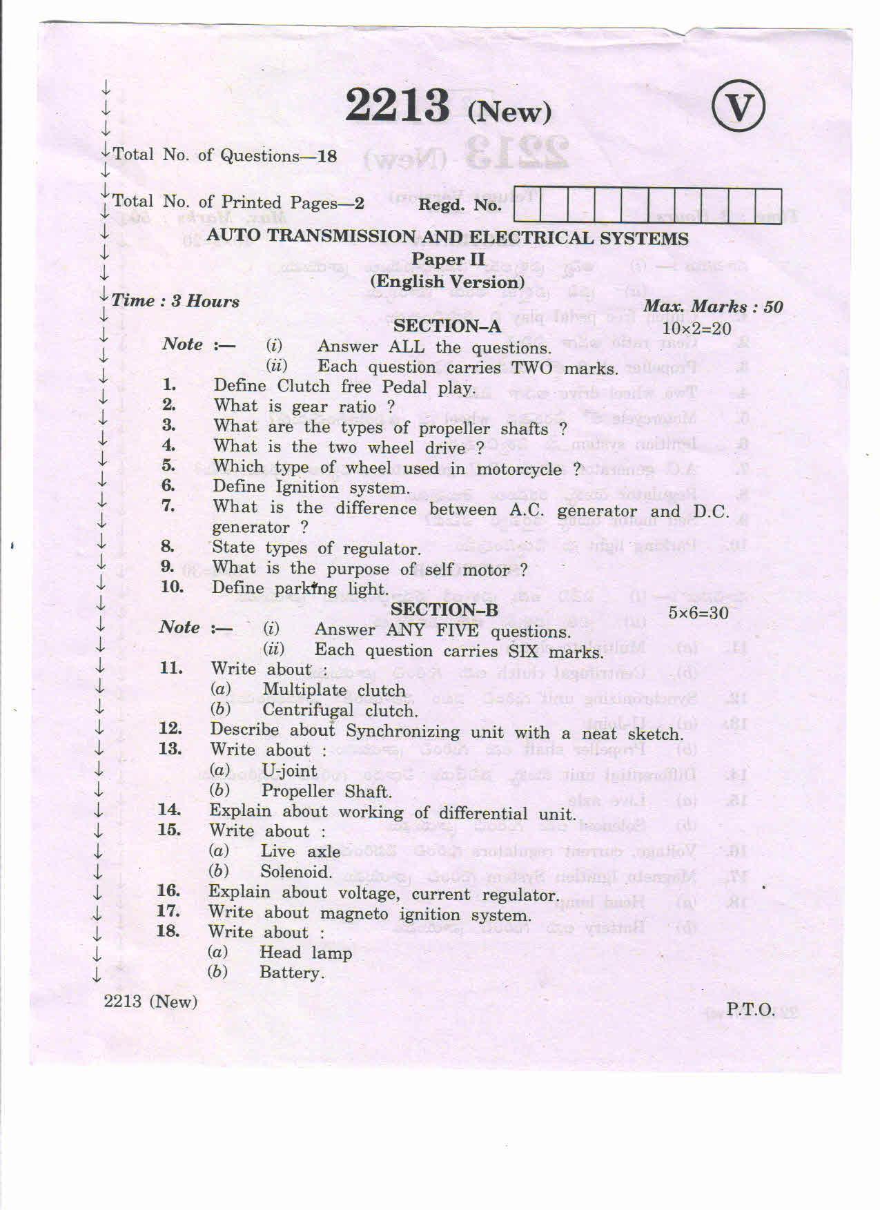 AP Inter 2nd Year Vocational Question Paper March - 2020 - Auto Transmission Electrical Systems - II (new) - Page 1