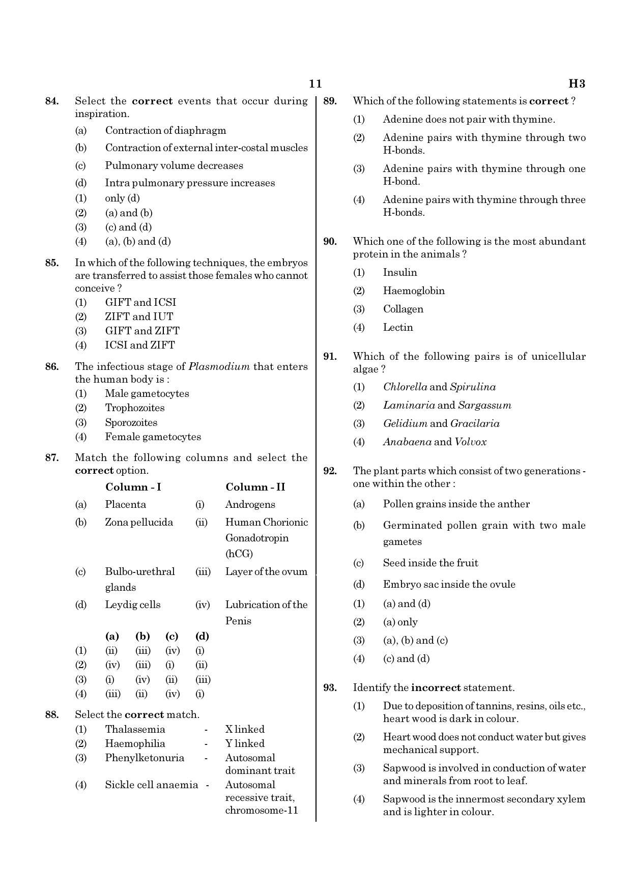 NEET H3 2020 Question Paper - Page 11