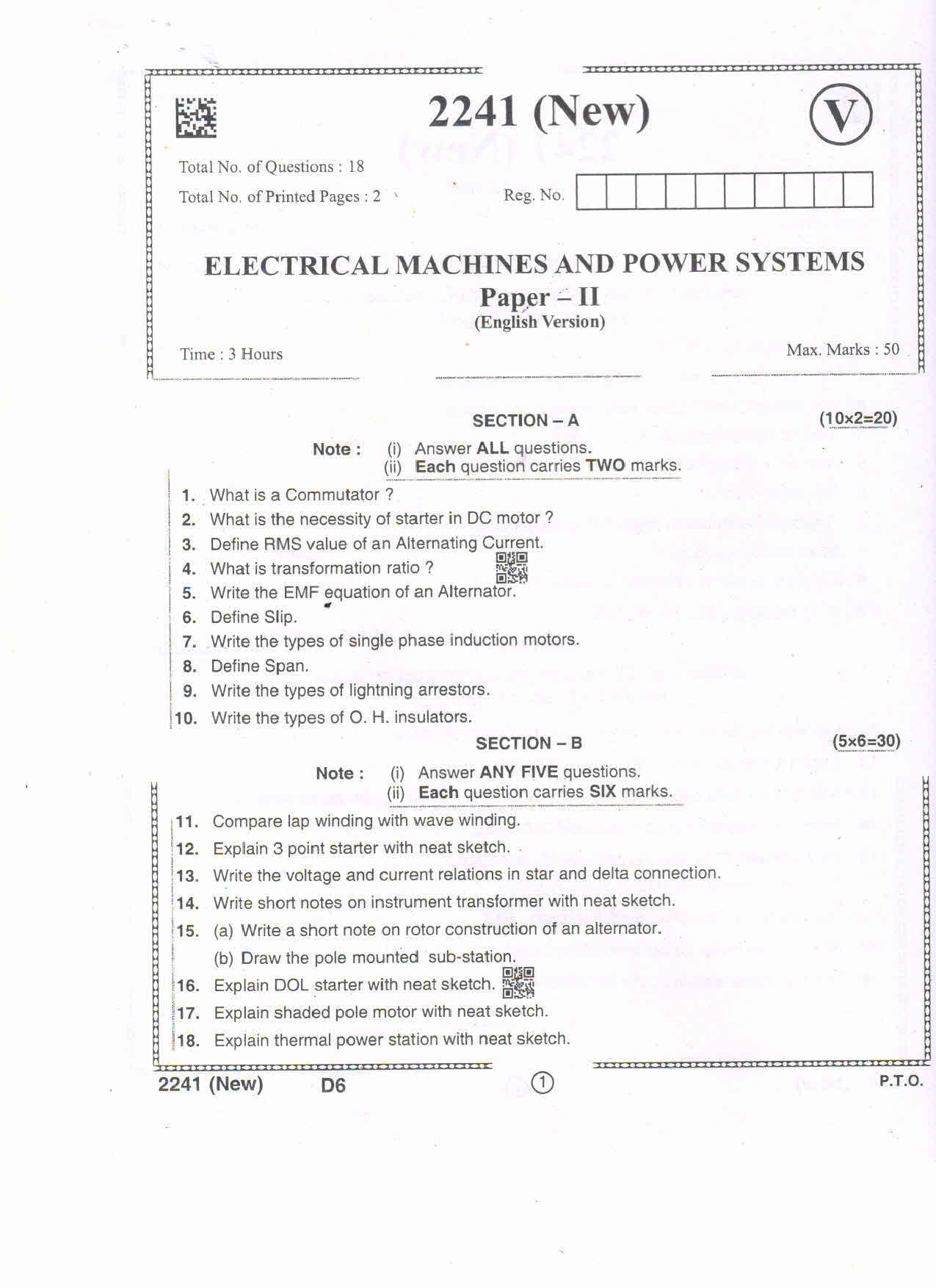 AP Intermediate 2nd Year Vocational Question Paper September-2021- Electrical_Machines&Power_System-II - Page 1