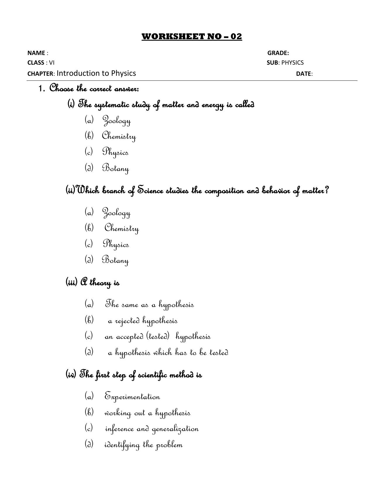 CBSE Worksheets for Class 6 Physics Introduction to Physics Assignment - Page 1