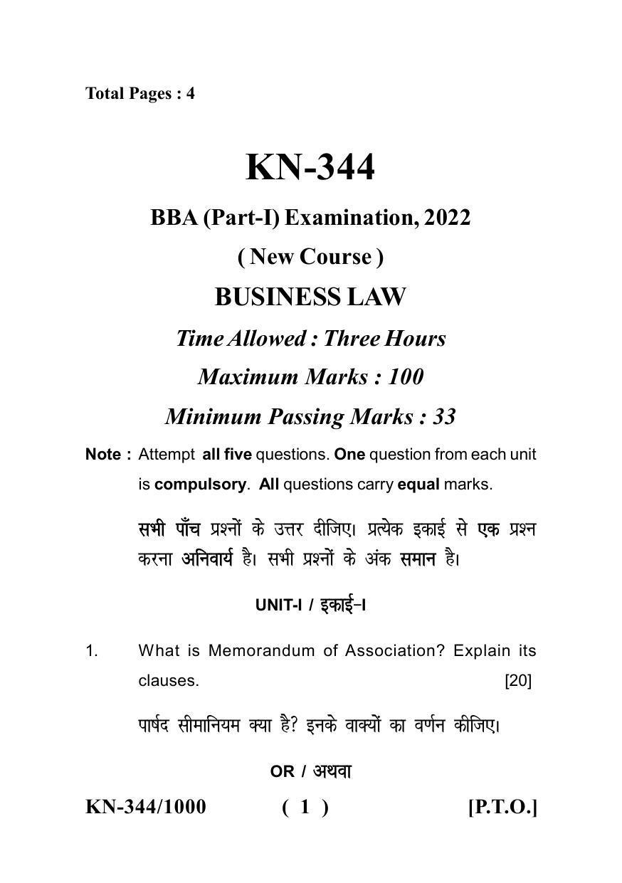 Sarguja University Question Paper - 2022 :   B.B.A Part One Business Law Paper I - Page 1