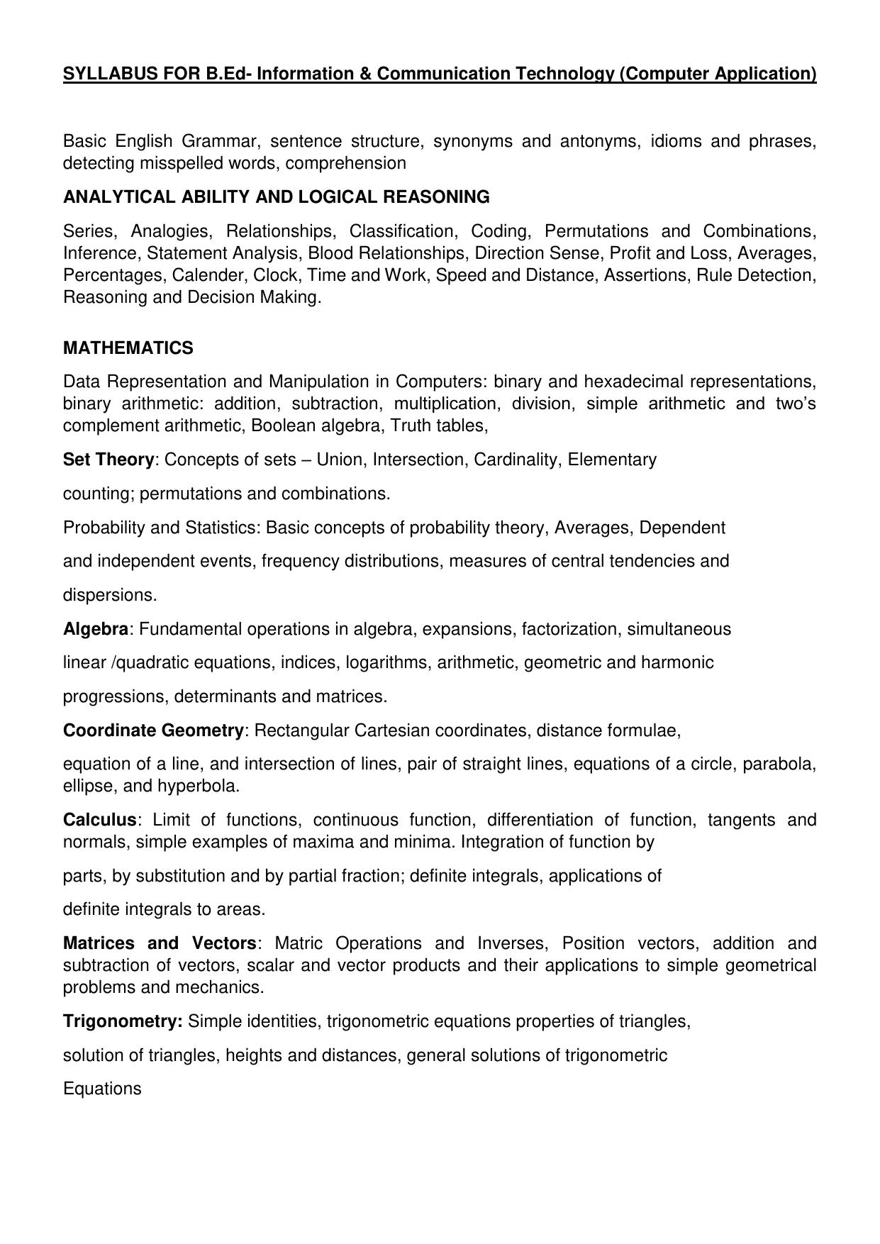 GU ART B.Ed. ICT (Computer Application) Syllabus - Page 1