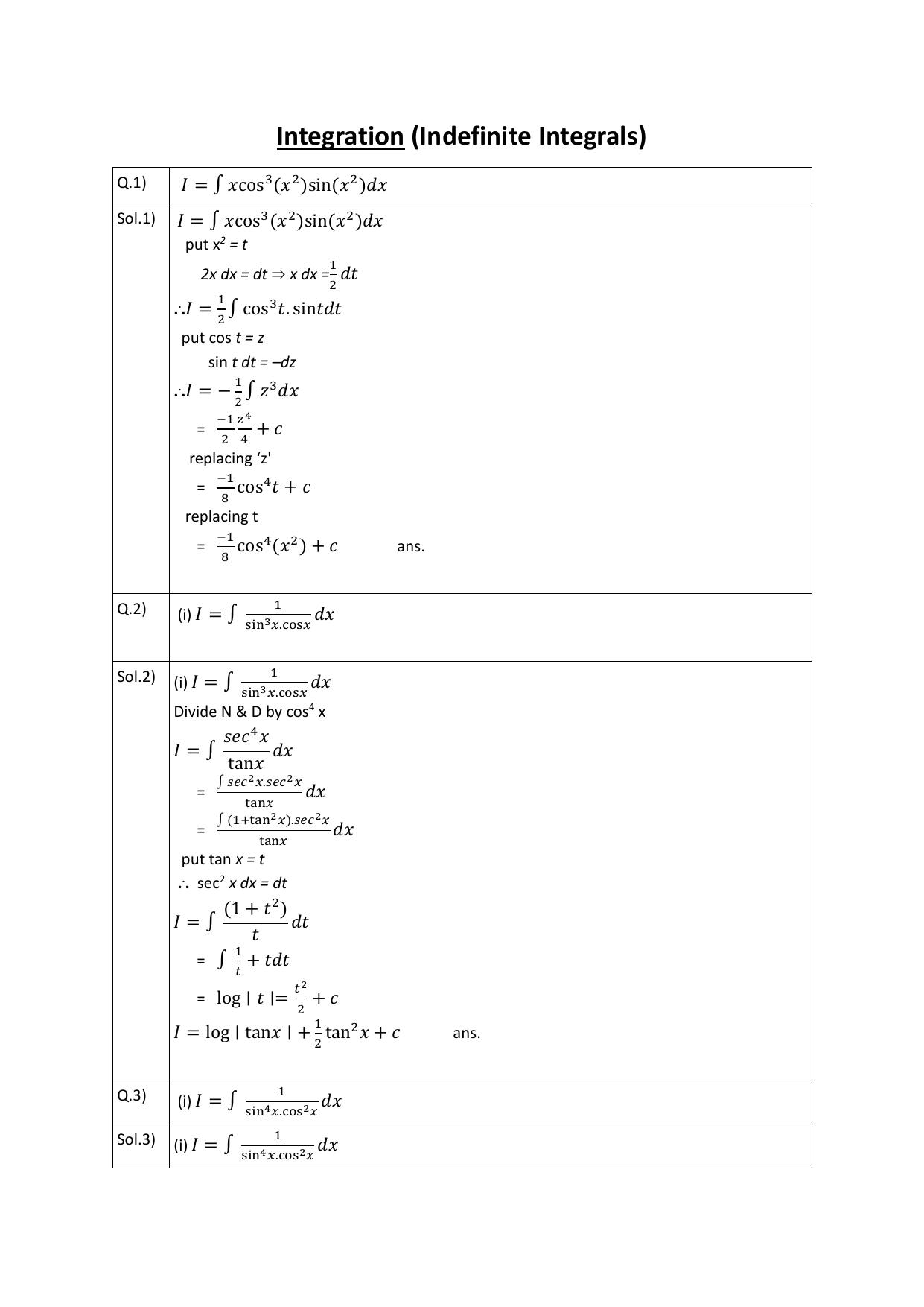 CBSE Worksheets for Class 12 Maths Integration Assignment 1 - Page 1