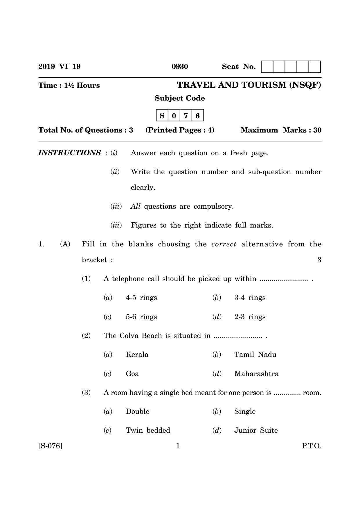 Goa Board Class 10 Travel Tourism (June 2019) Question Paper - Page 1
