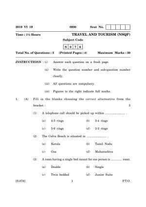 Goa Board Class 10 Travel Tourism (June 2019) Question Paper