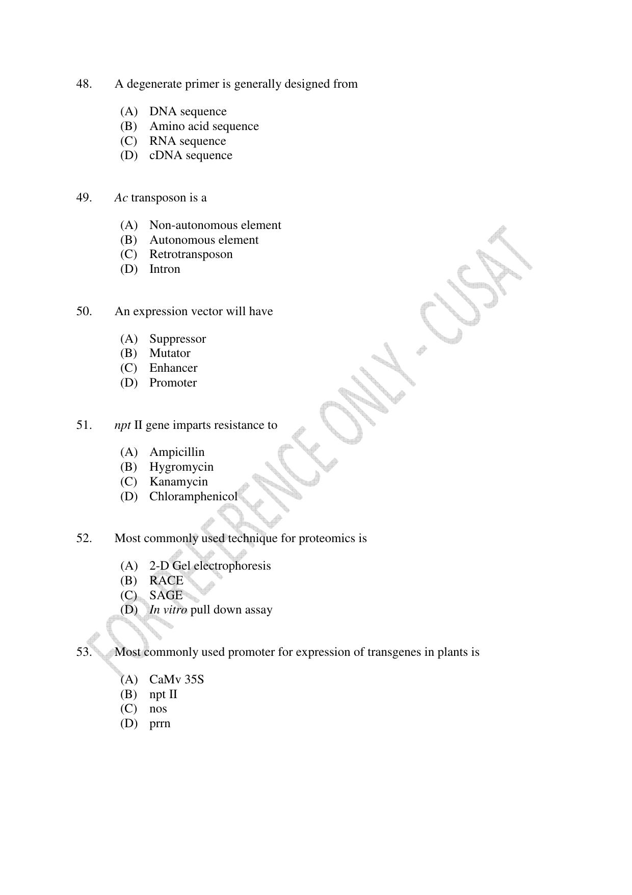 CUSAT CAT 2023 BIOTECHNOLOGY Question Paper - Page 9