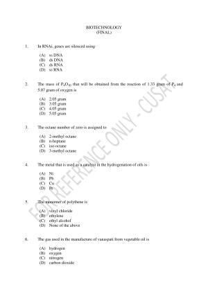 CUSAT CAT 2023 BIOTECHNOLOGY Question Paper