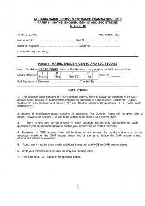 AISSEE 2018 Class IX Question Paper I - English