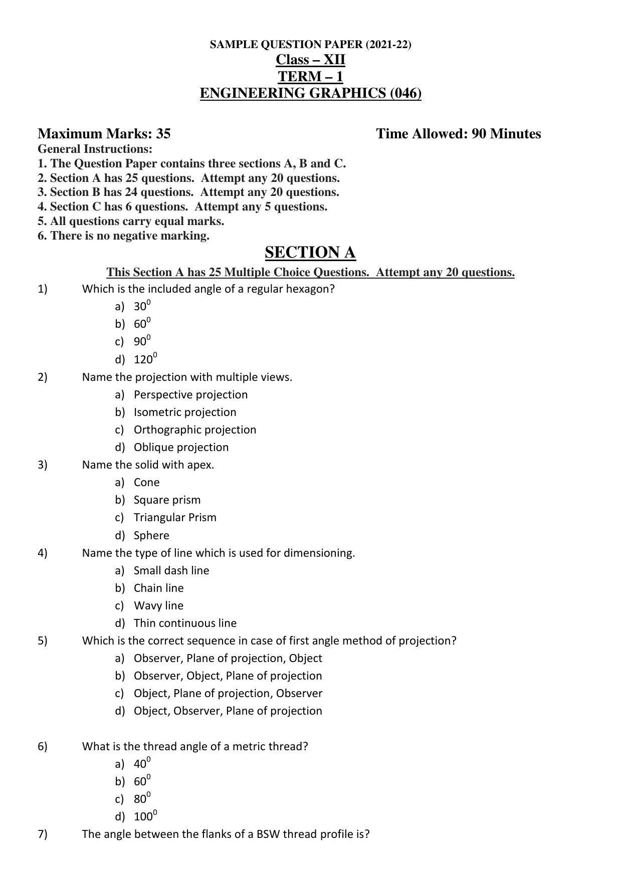 CBSE Class 12th Engineering Graphics Sample Question Paper 2021-22 - Page 1