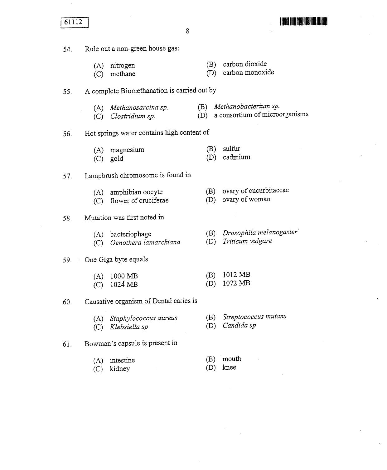 CUSAT CAT 2012 Life Science Question Paper - Page 9