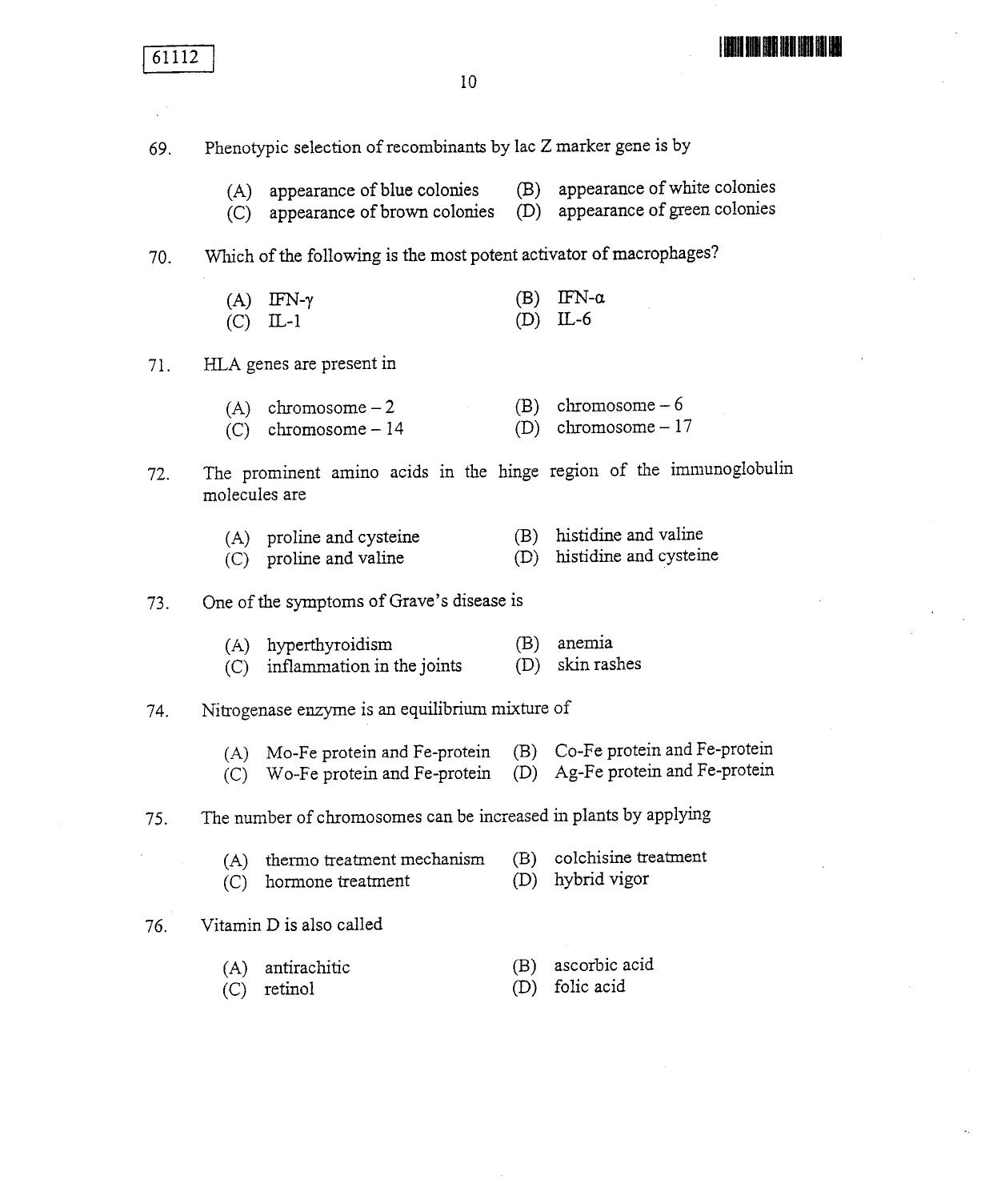 CUSAT CAT 2012 Life Science Question Paper - Page 11