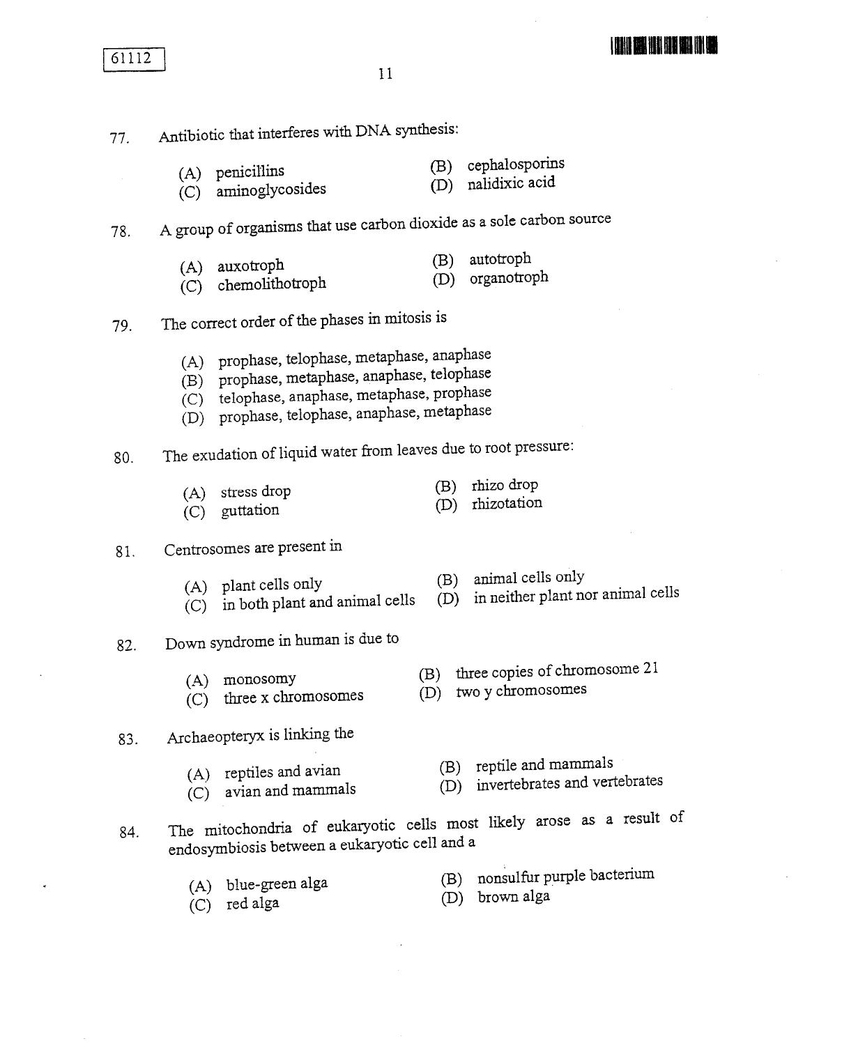 CUSAT CAT 2012 Life Science Question Paper - Page 12