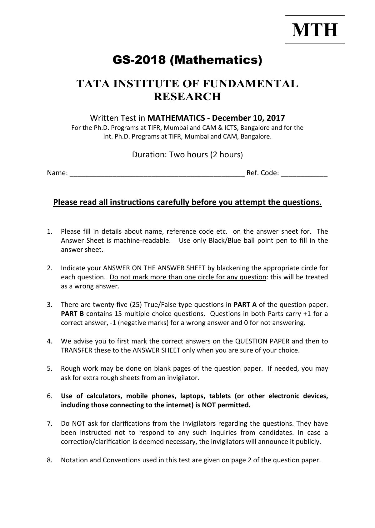 TIFR GS 2018 Computer & Systems Sciences Question Paper - Page 1