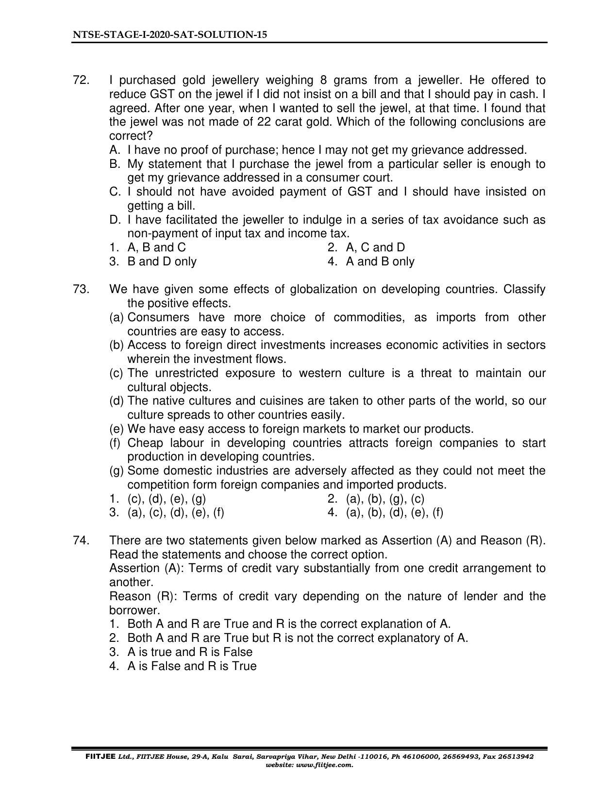 NTSE 2020-21 (Stage II) SAT Paper with Solution (FITJEE) - Page 15