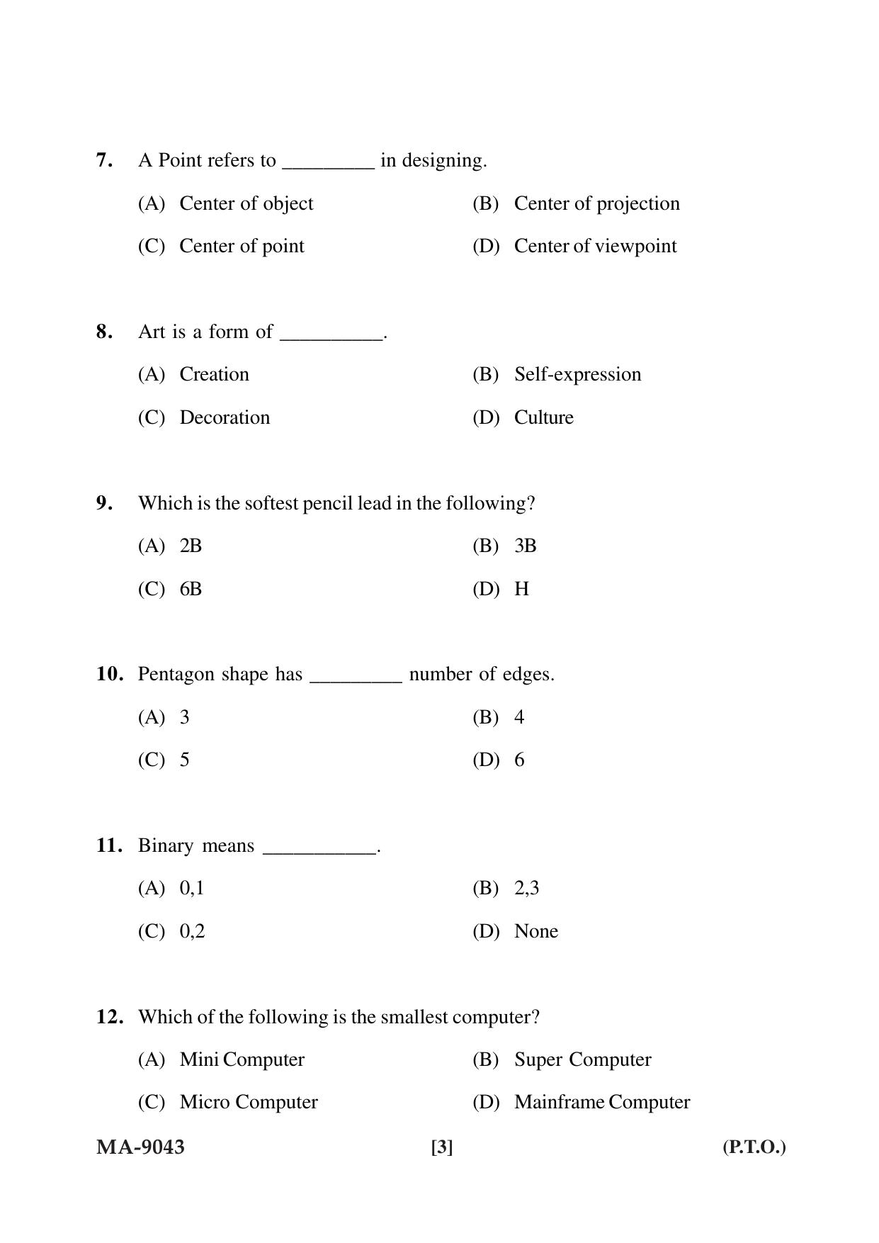 Mysore University PG Entrance Exam 2022: M.Sc. Animation Question Paper - Page 3