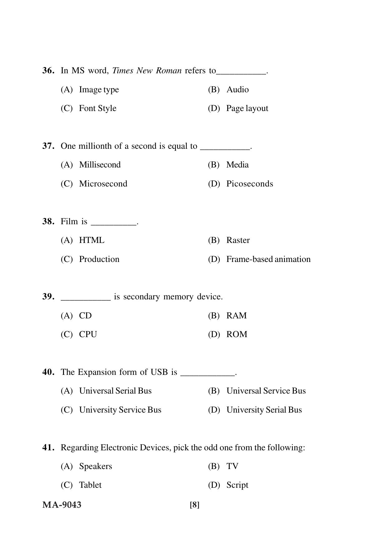 Mysore University PG Entrance Exam 2022: M.Sc. Animation Question Paper - Page 8
