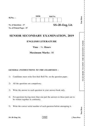 Class 12 2019 English Literature RBSE Question Paper
