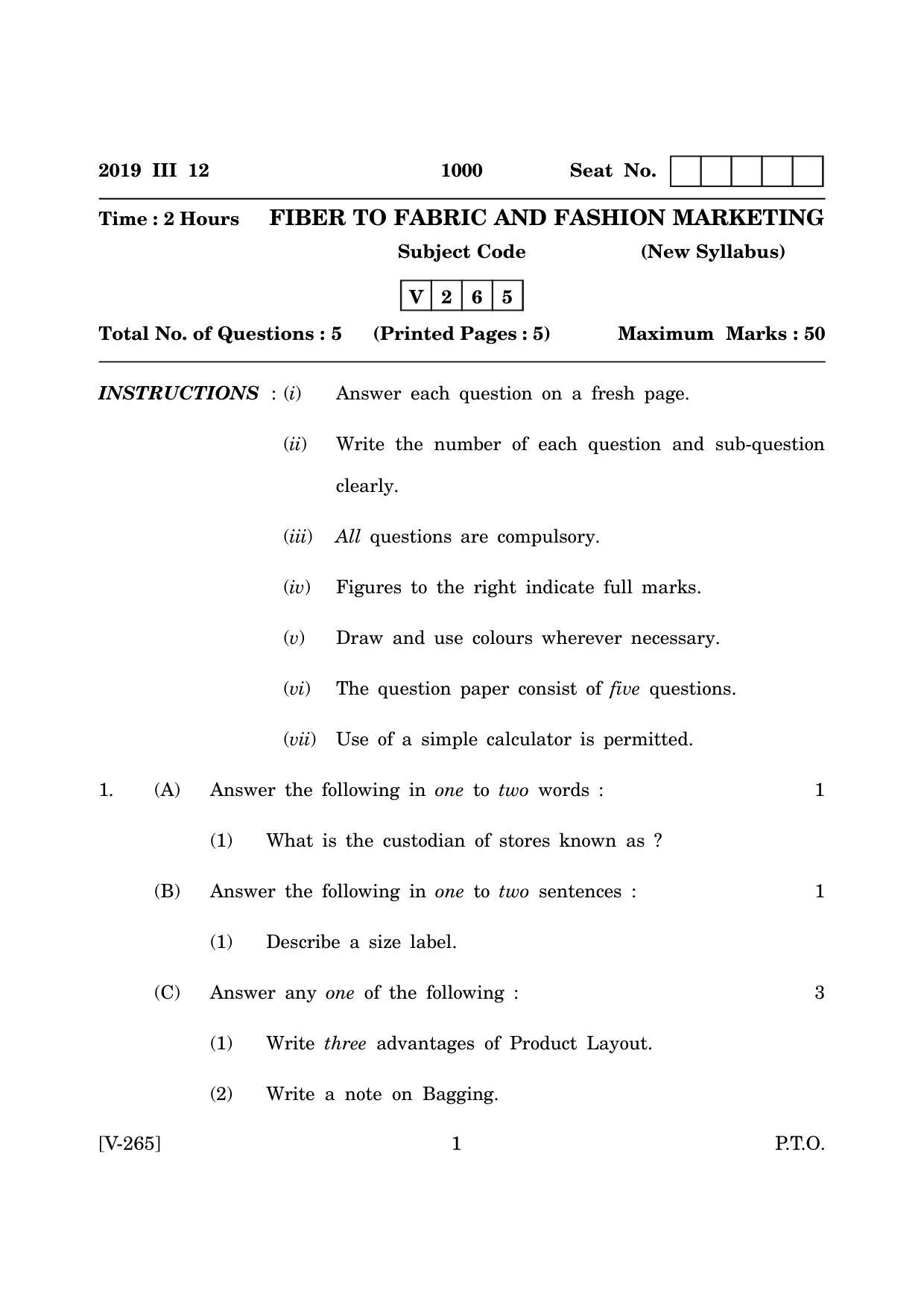 Goa Board Class 12 Fibre to Fabric & Fashion Marketing  March 2019 (March 2019) Question Paper - Page 1