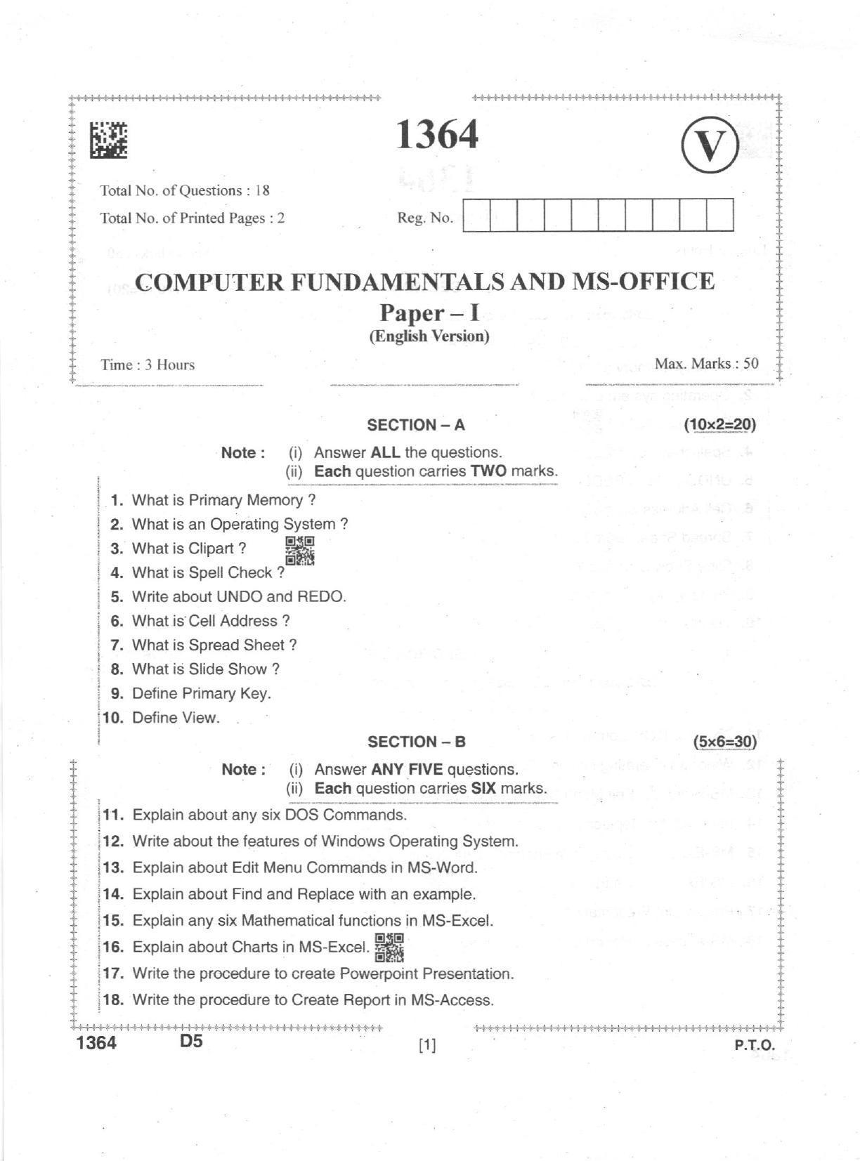 AP Intermediate 2nd Year Vocational Question Paper September-2021- Computer_Fundamental&MS-Office-I - Page 1