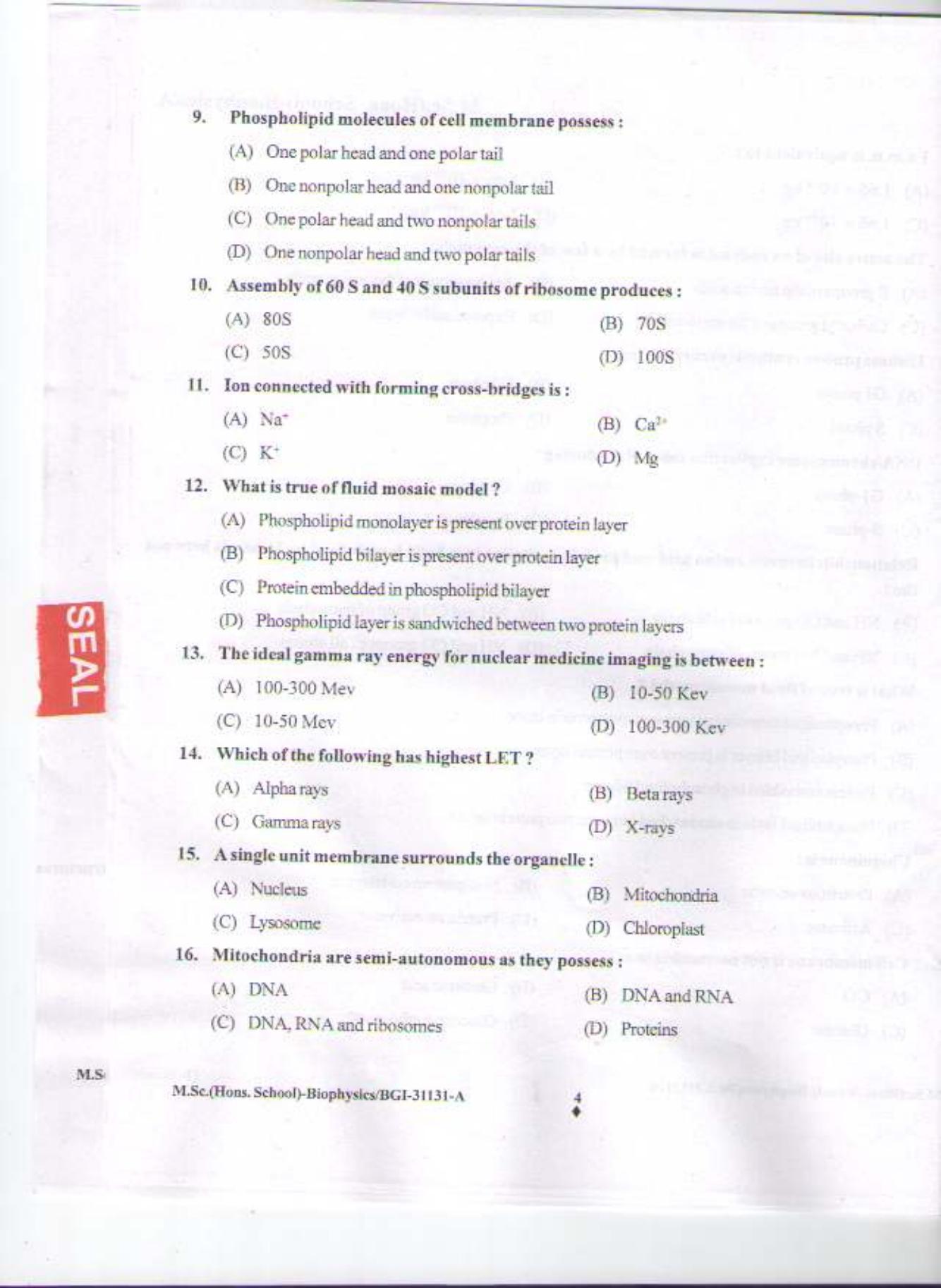 PU CET PG 2015: MSc (HS)(Biophysics) Question Paper - Page 3