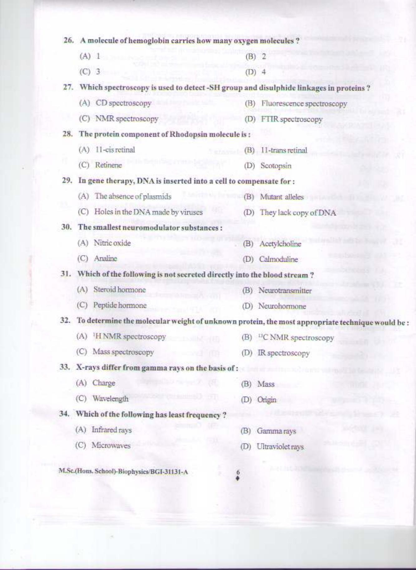 PU CET PG 2015: MSc (HS)(Biophysics) Question Paper - Page 5