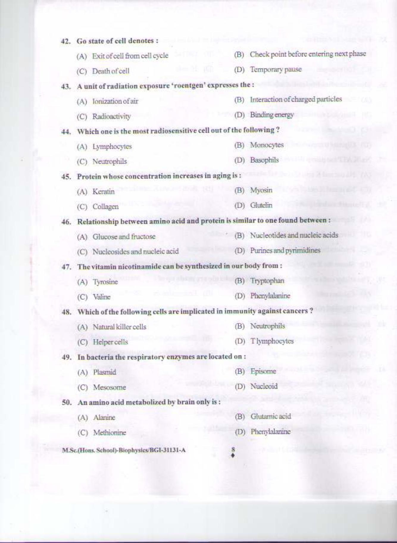 PU CET PG 2015: MSc (HS)(Biophysics) Question Paper - Page 7