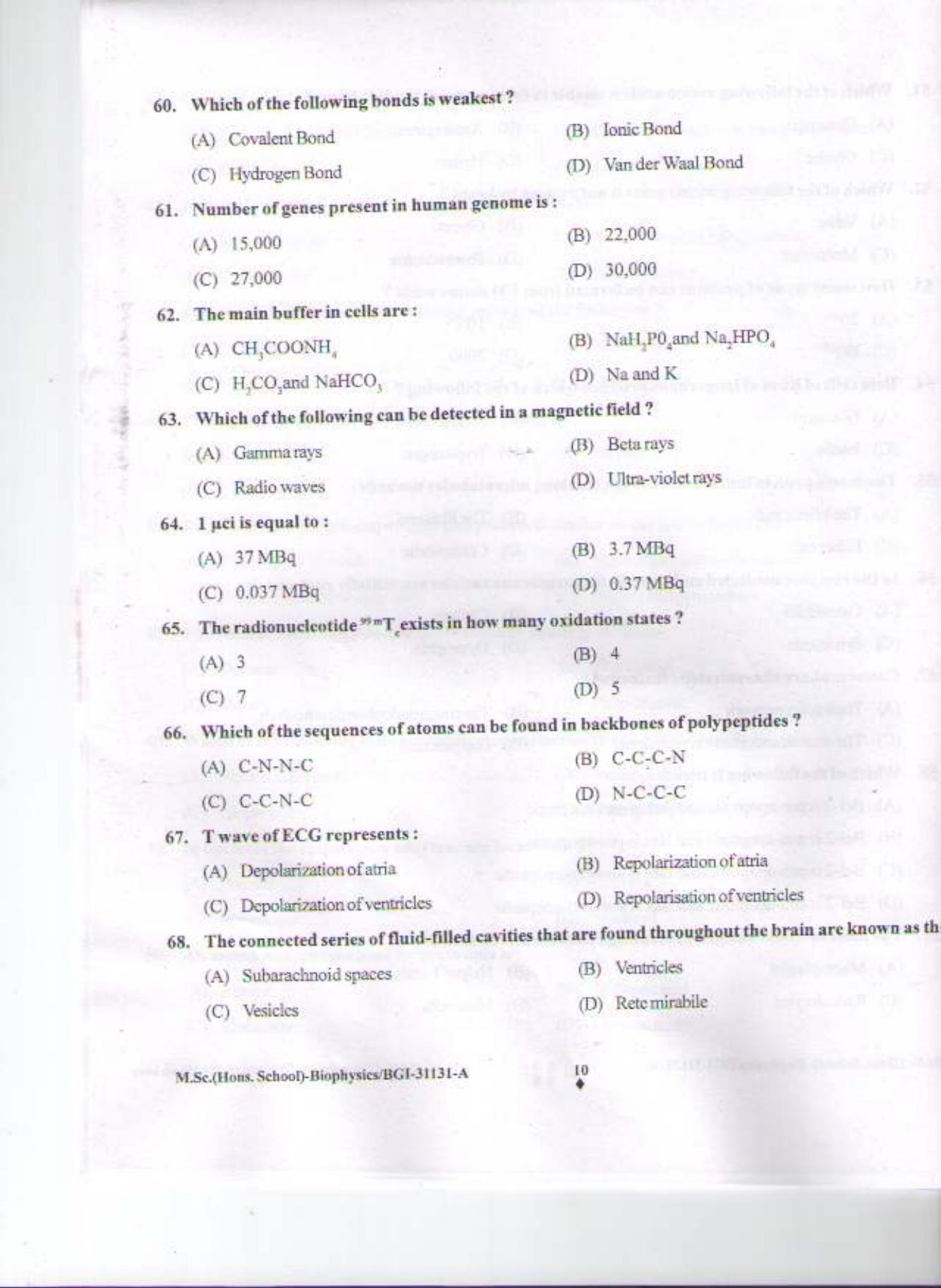 PU CET PG 2015: MSc (HS)(Biophysics) Question Paper - Page 9