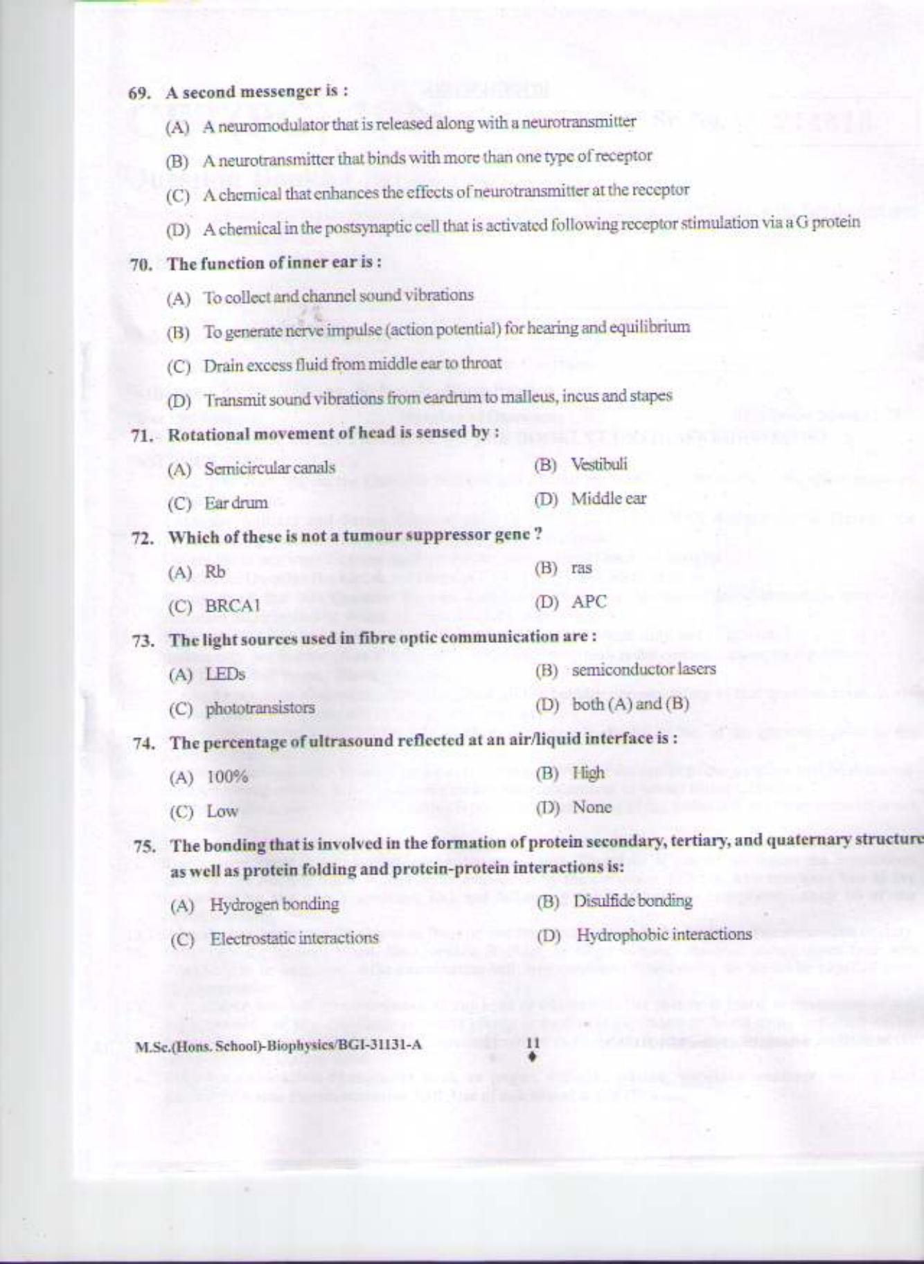 PU CET PG 2015: MSc (HS)(Biophysics) Question Paper - Page 10