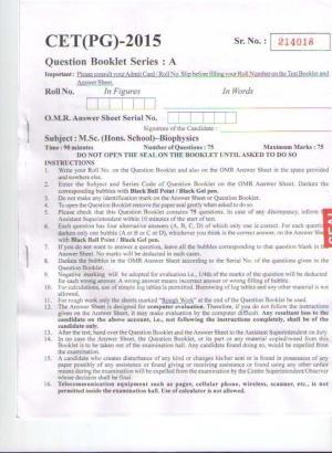 PU CET PG 2015: MSc (HS)(Biophysics) Question Paper