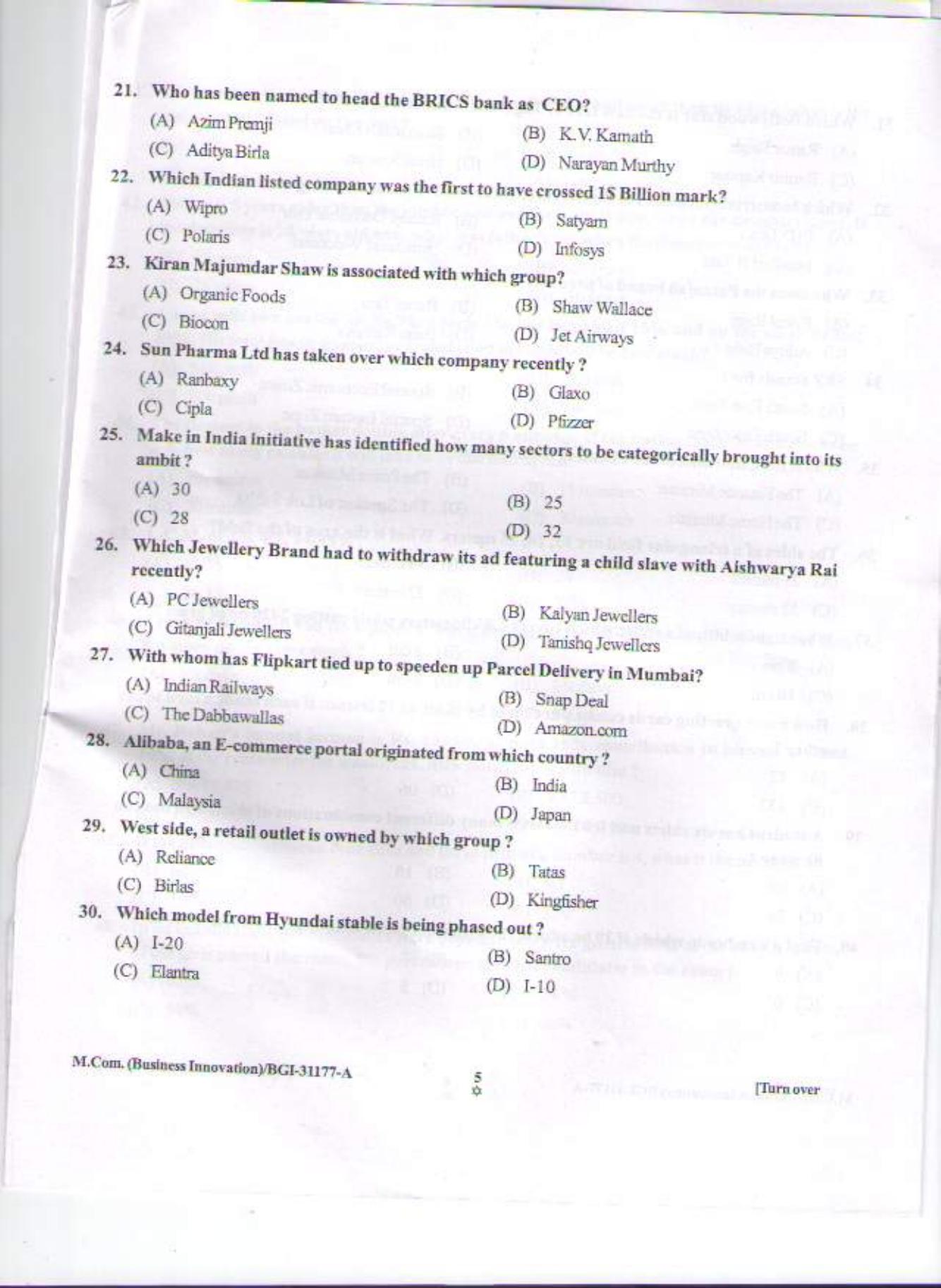 PU CET PG 2015: MCom (Business Innovation) Question Paper - Page 4