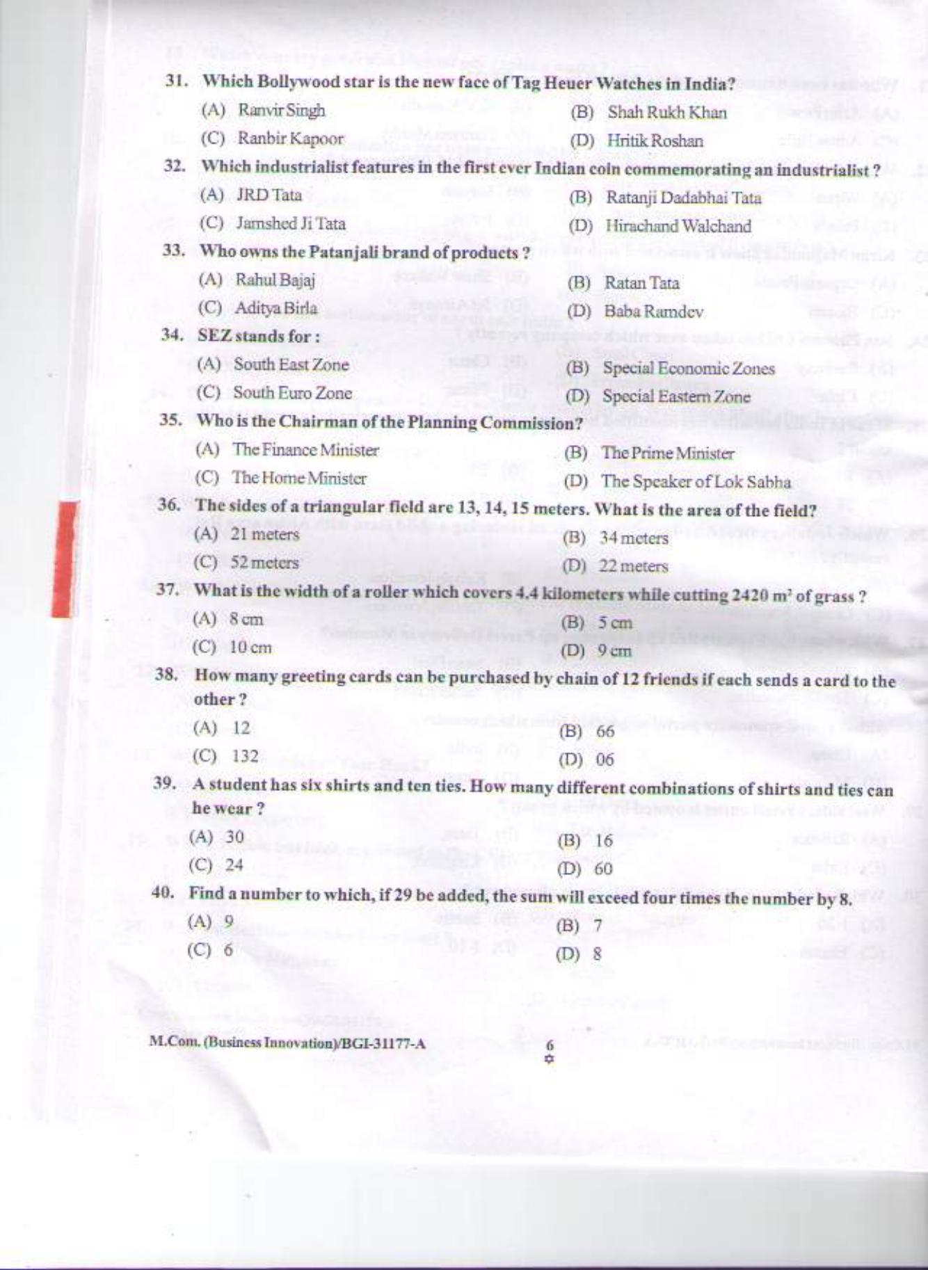 PU CET PG 2015: MCom (Business Innovation) Question Paper - Page 5