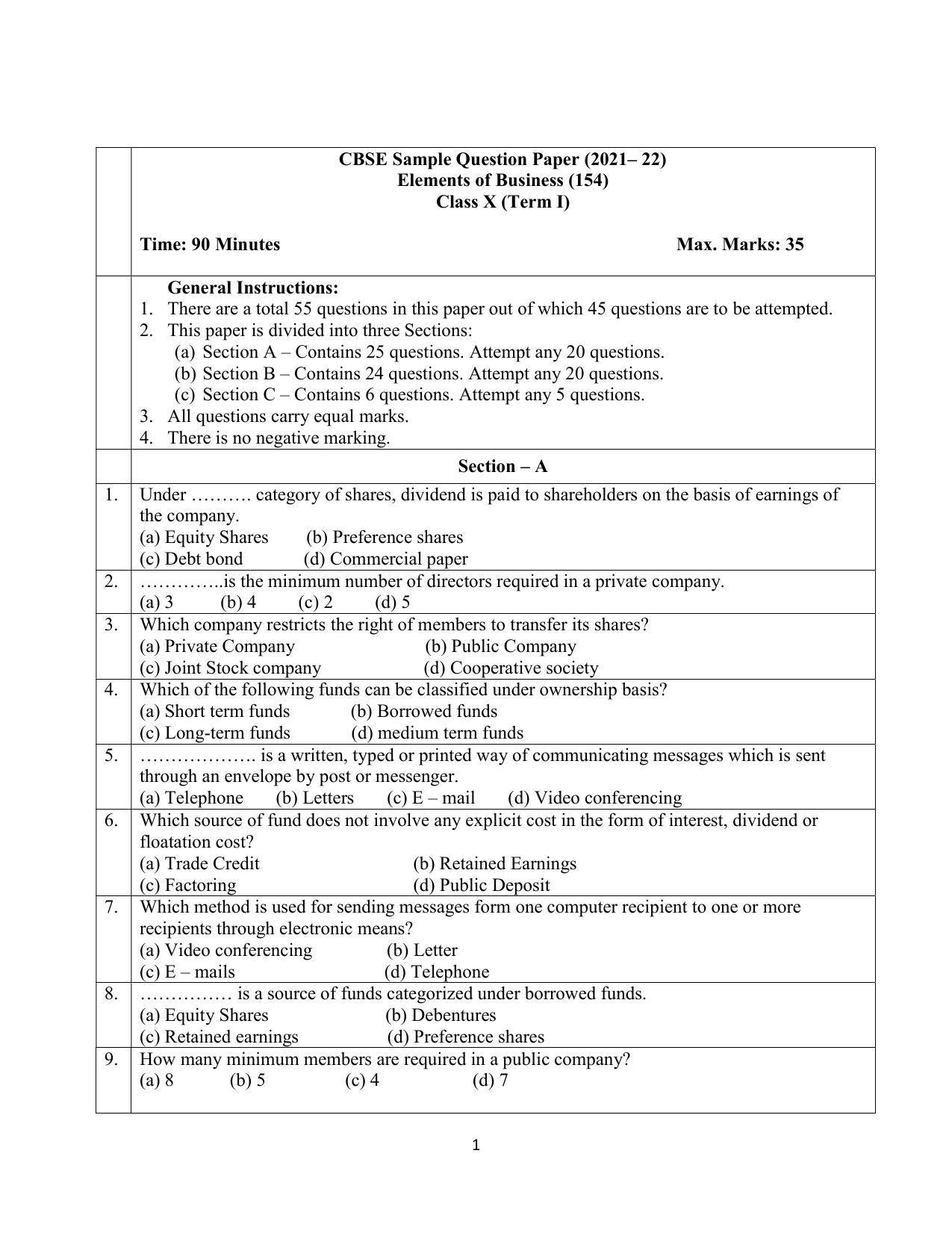CBSE Class 10 Elements of Business Sample Paper 2021-22 - Page 1