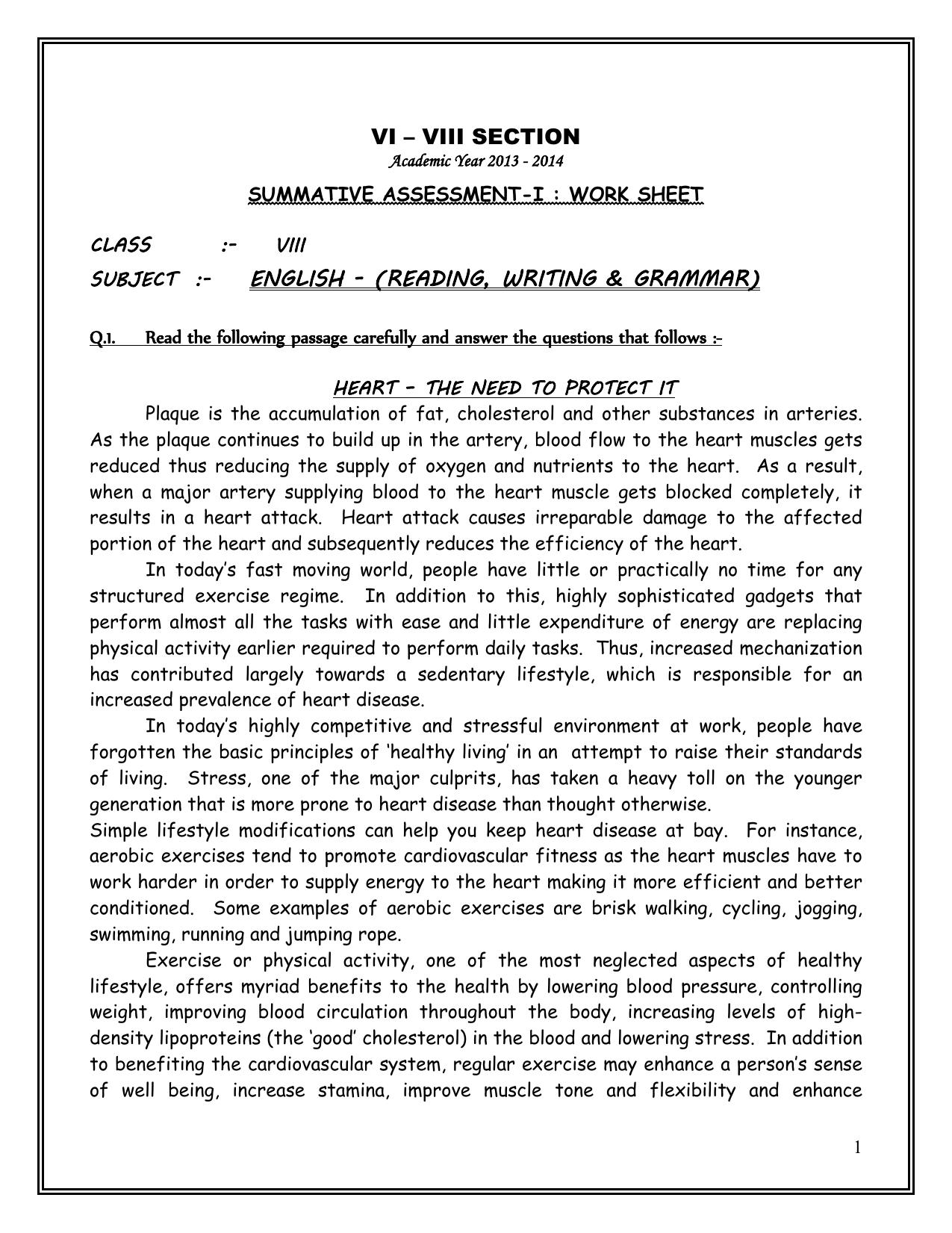 CBSE Class 8 English Worksheet Reading Writing & Grammer Assignment - Page 1