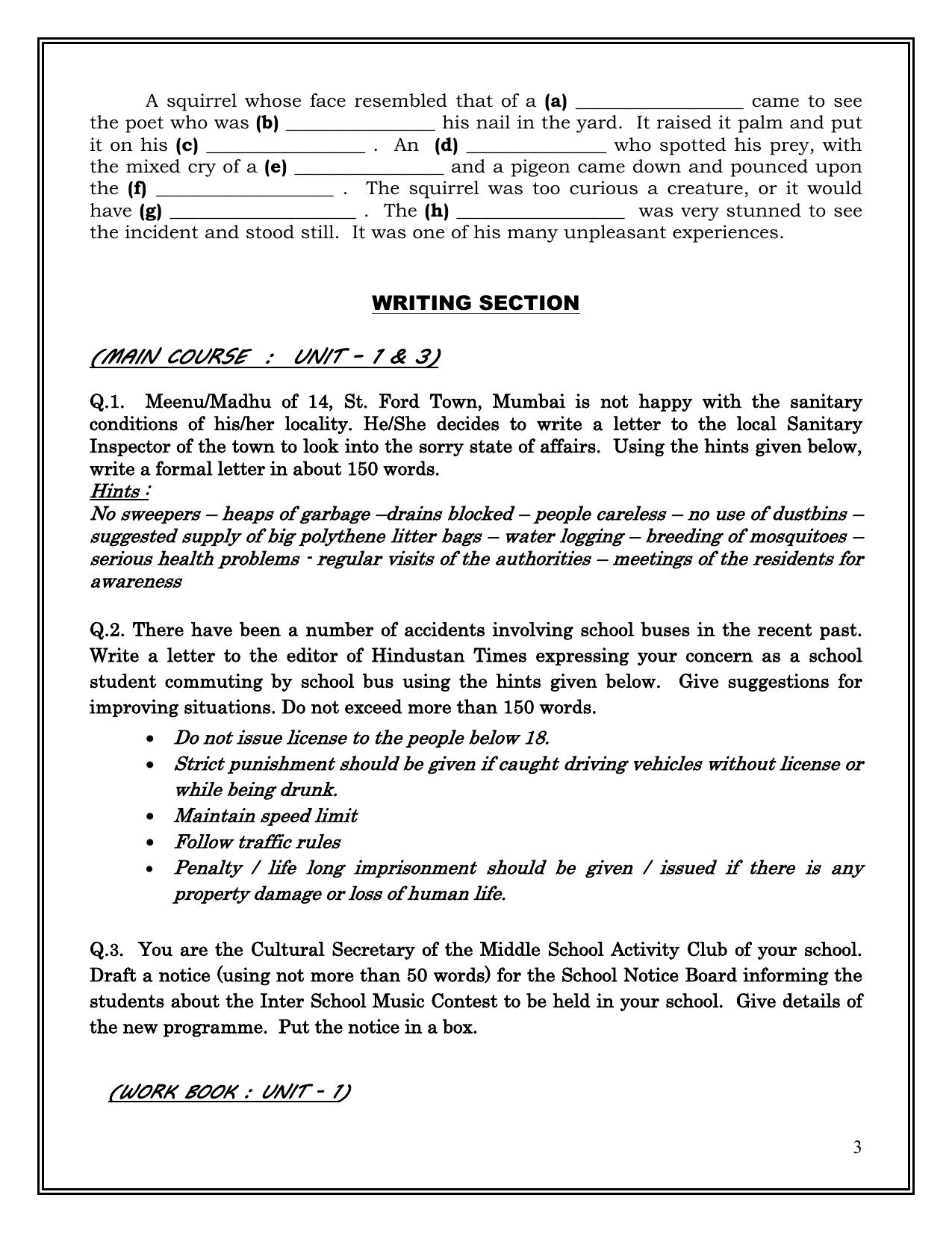 CBSE Class 8 English Worksheet Reading Writing & Grammer Assignment - Page 3