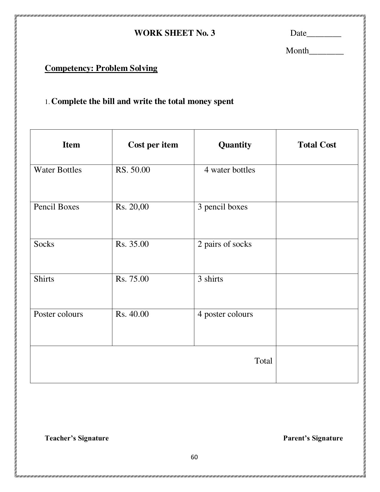 Worksheet for Class 3 Mathematics Assignment 78 - Page 1