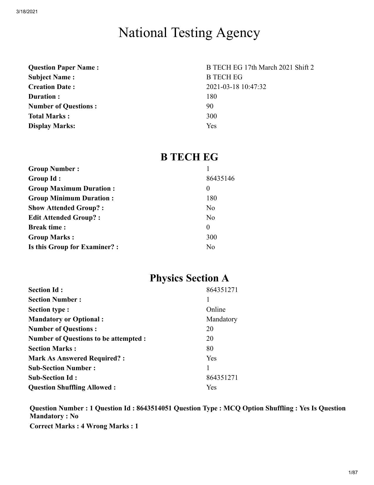JEE Mains 2021: BTech EG (Shift 2) 17-03-2021 Question Paper - Page 1