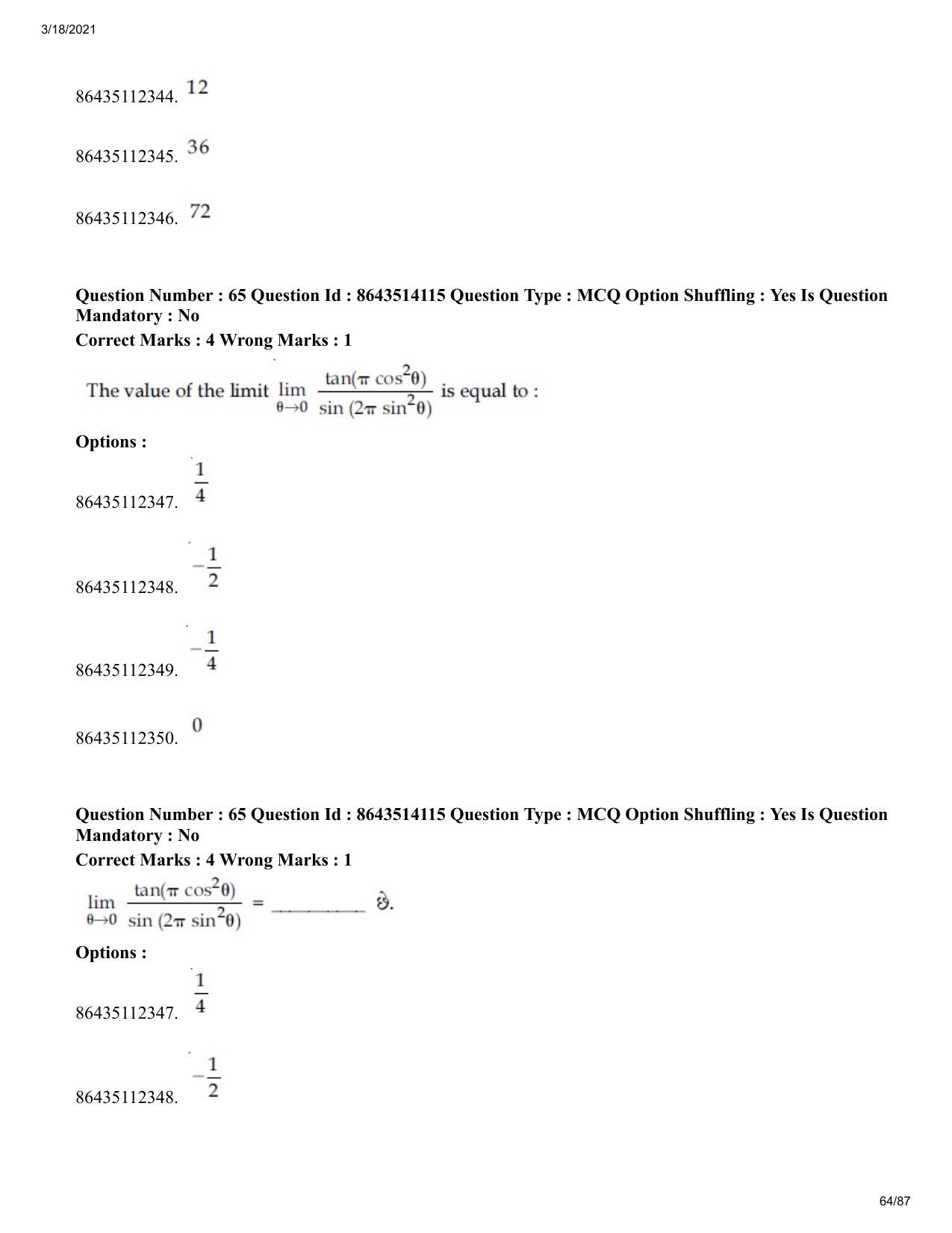 JEE Mains 2021: BTech EG (Shift 2) 17-03-2021 Question Paper - Page 64