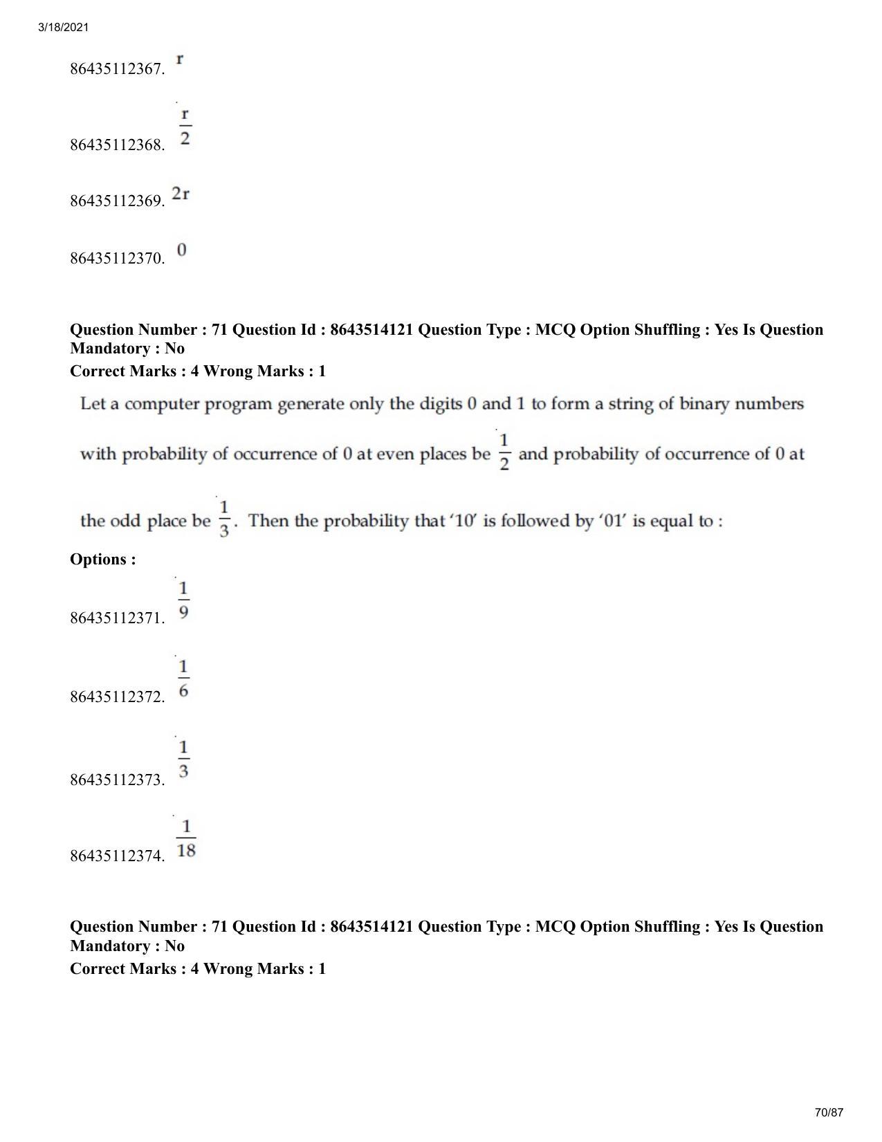 JEE Mains 2021: BTech EG (Shift 2) 17-03-2021 Question Paper - Page 70