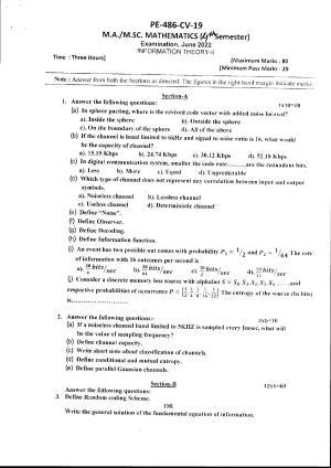 Bilaspur University Question Paper June 2022:M.A./M.Sc. Mathematics(Fourth Semester) Information Theory - II Paper 1
