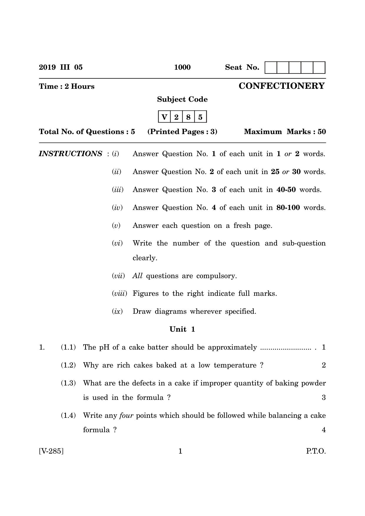 Goa Board Class 12 Confectionary   (March 2019) Question Paper - Page 1