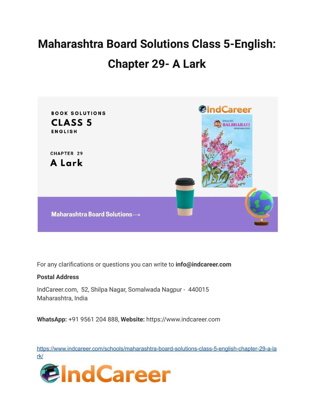 Maharashtra Board Solutions Class 5-English: Chapter 29- A Lark - Page 1
