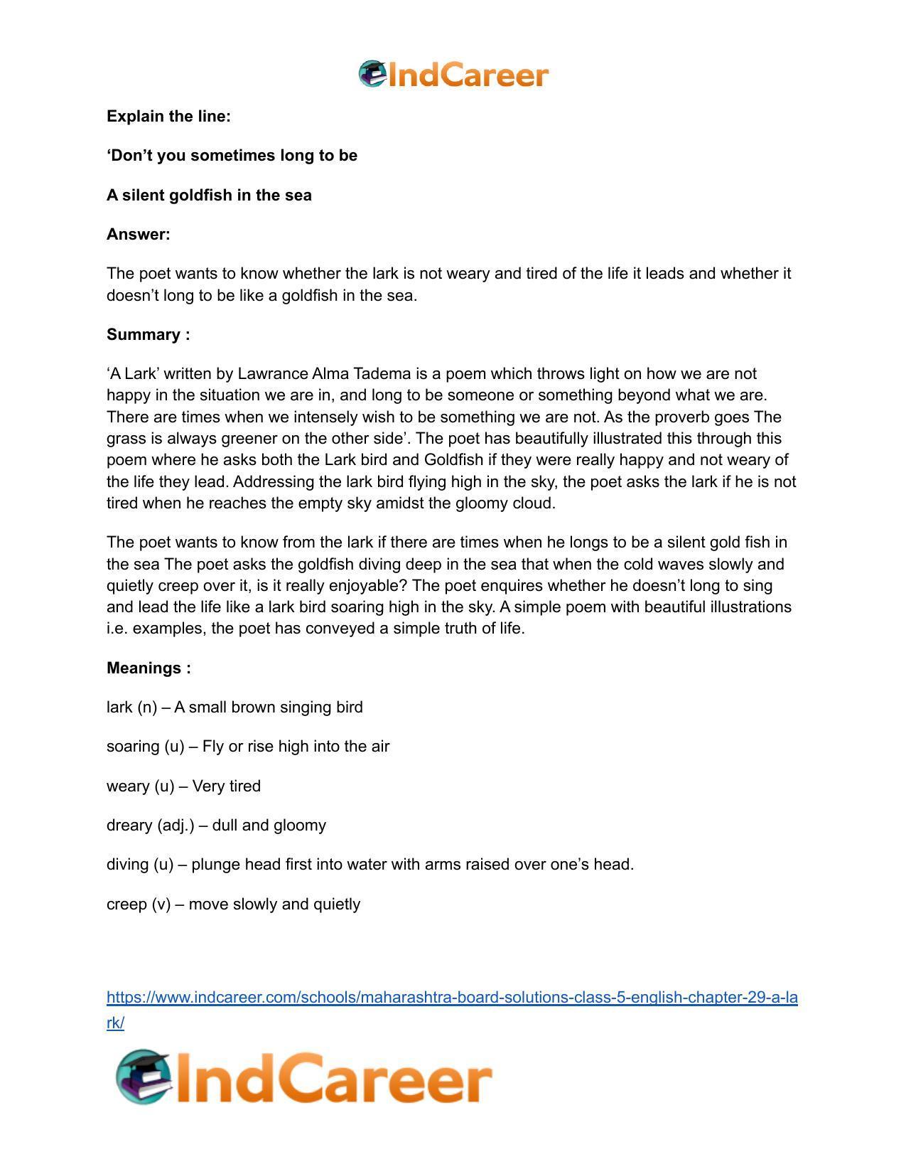 Maharashtra Board Solutions Class 5-English: Chapter 29- A Lark - Page 7