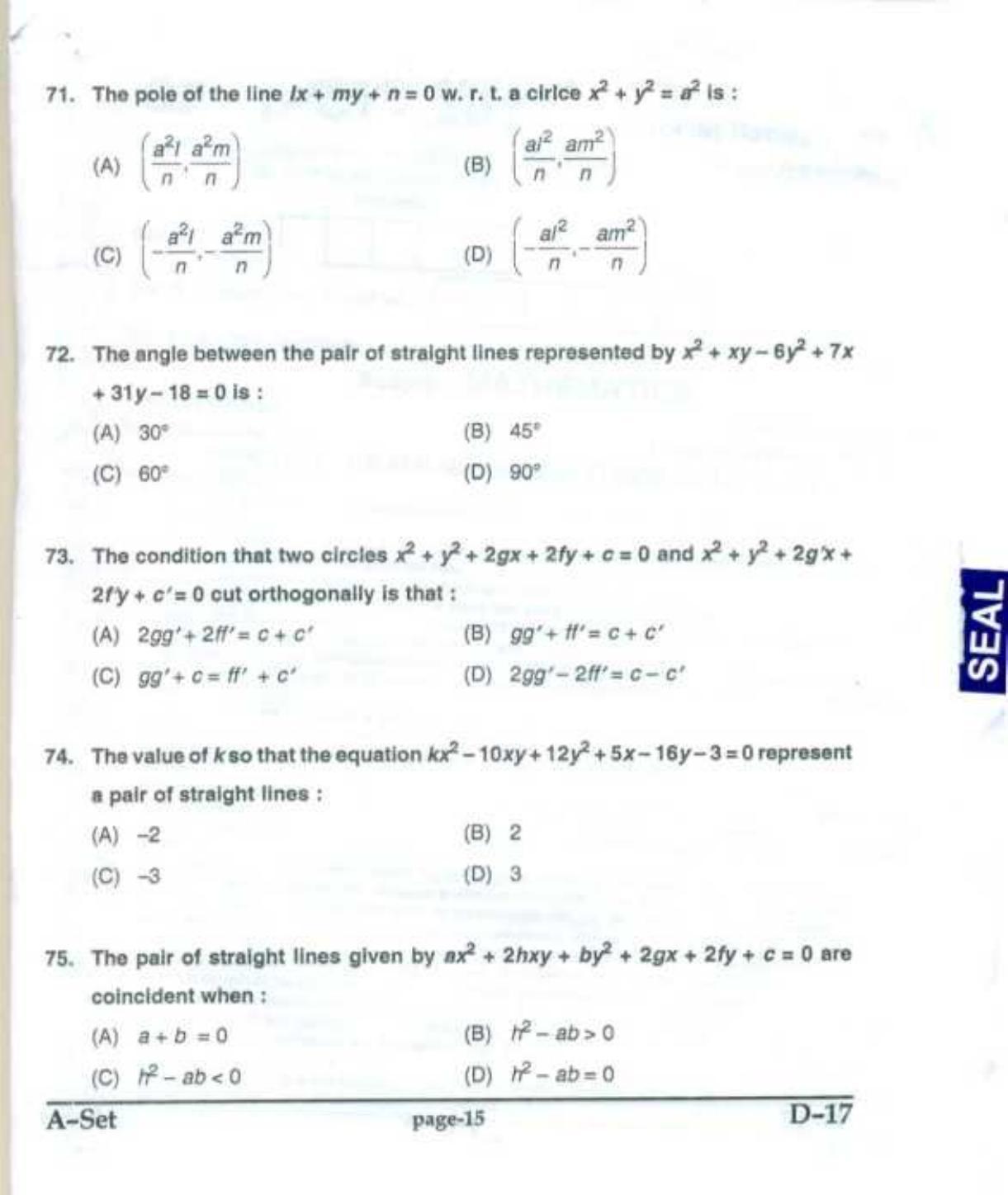 PU CET UG 2017 MSc(Mathematics) Question Paper - Page 14