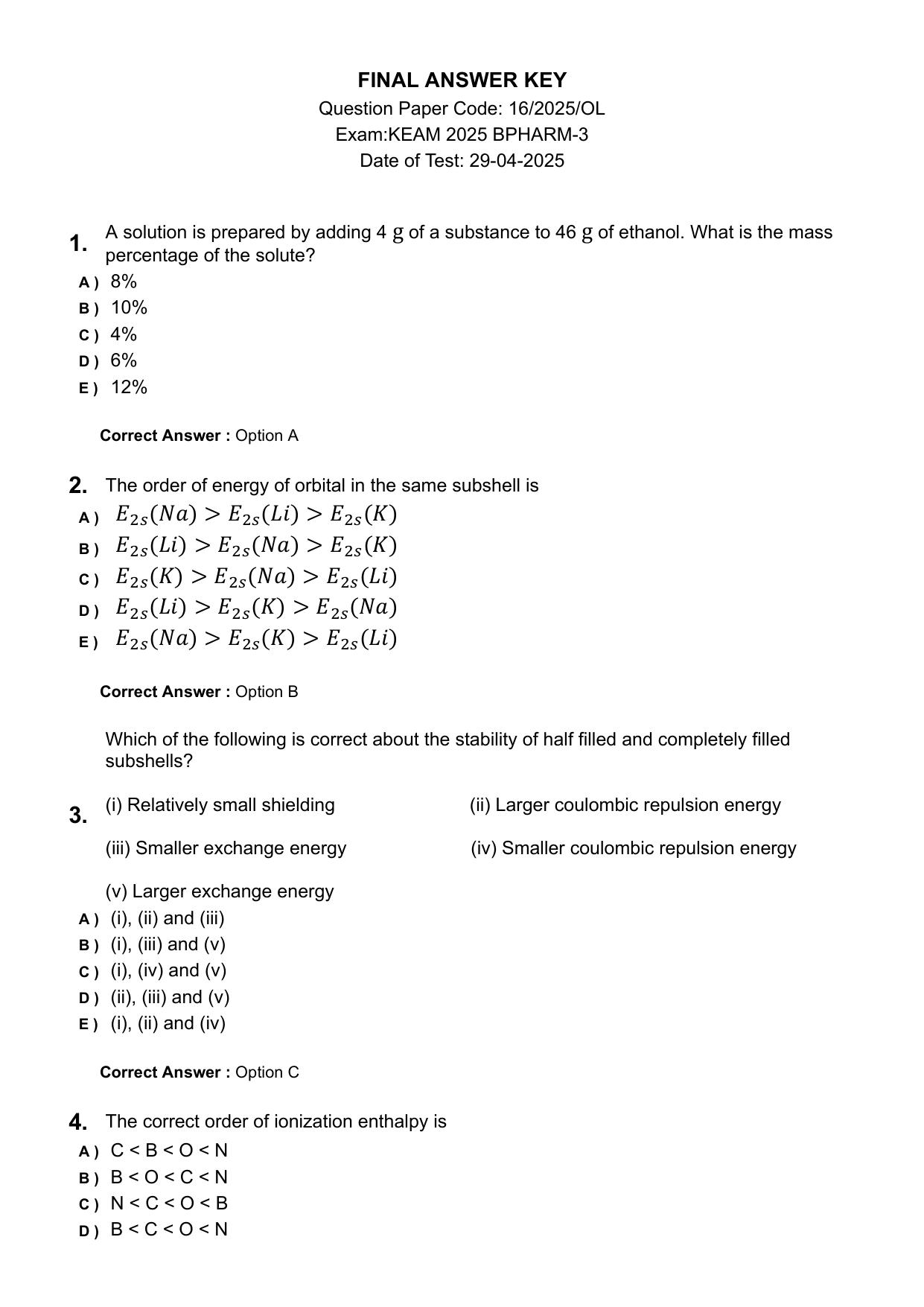 KEAM 2025 April 29 (Pharmacy - FN Session) Question Paper with Answer Key - Page 1