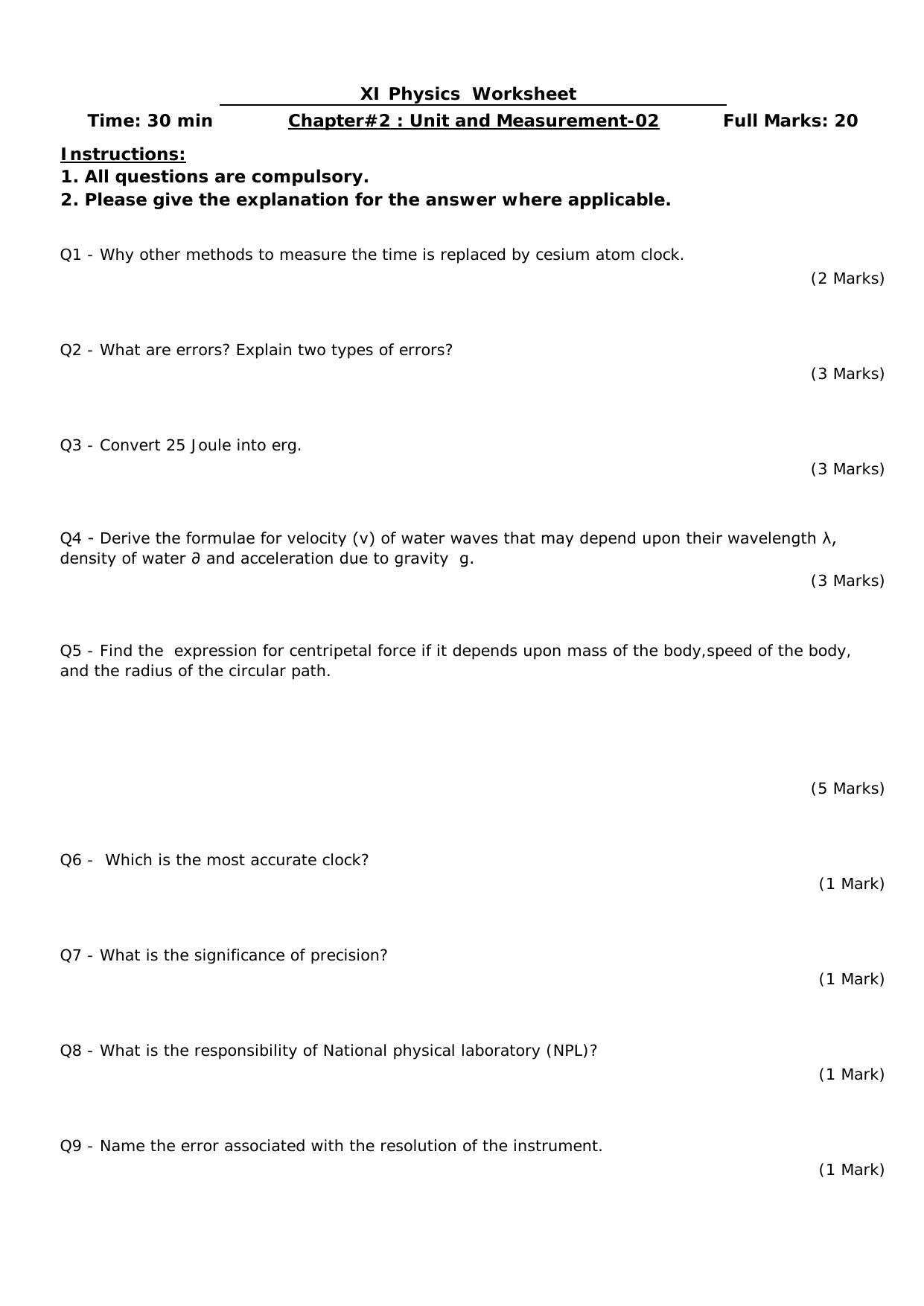 CBSE Worksheets for Class 11 Physics Unit and Measurements Assignment 1 - Page 1