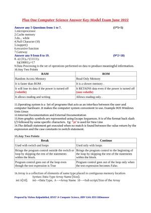 Kerala Plus One 2022 Computer Science Answer Key (Model)