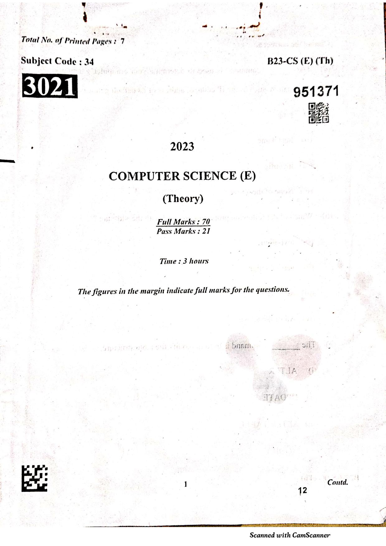 SEBA HSLC Computer Science (Elective) Question Paper 2023 - Page 1